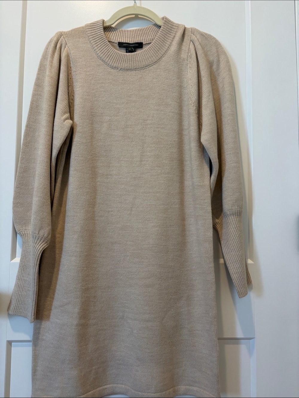 French Connection Neutral Beige Crewneck Puff-Sleeve Sweater Dress